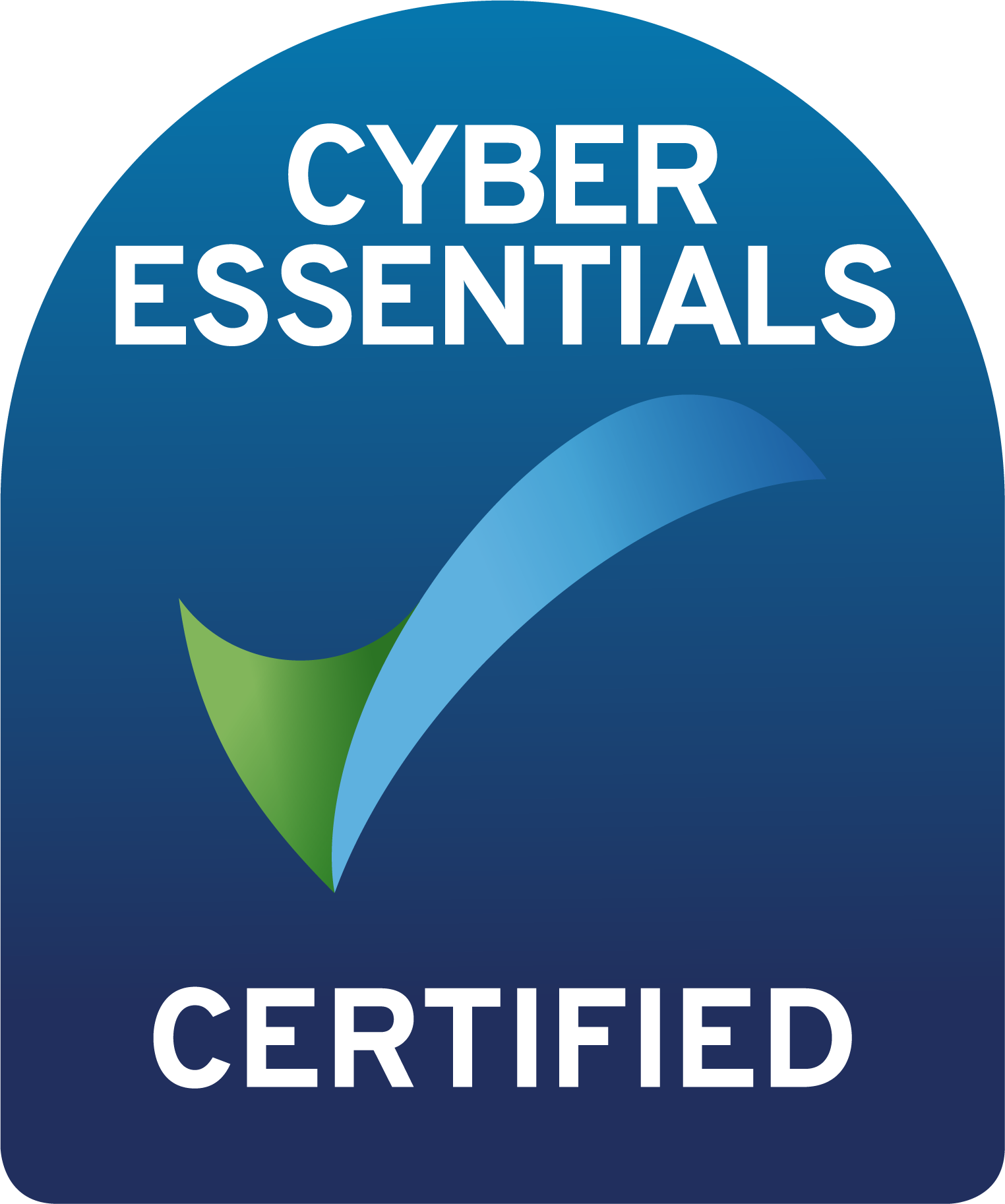 Blue circular Cyber Essentials Certified badge with white text and ribbon design, indicating certification.
