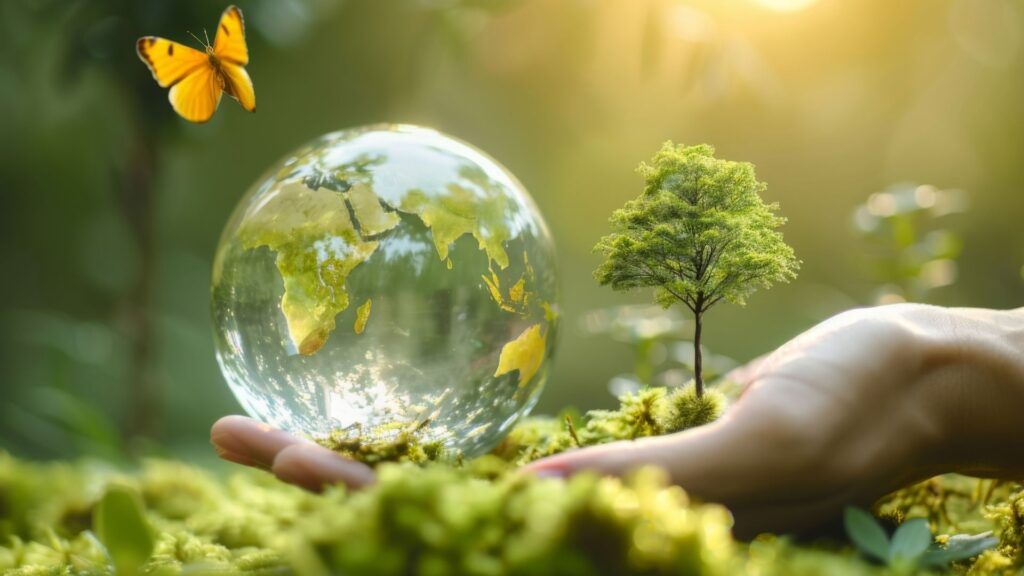 Earth-globe cradled by a hand, with a tiny sapling and a yellow butterfly in a sunlit mossy scene.