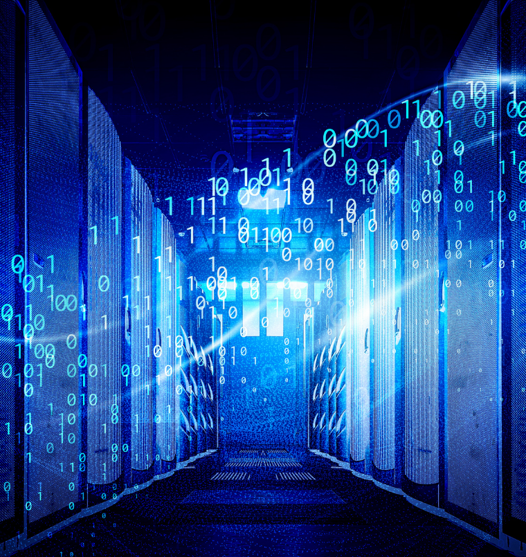 Blue data center corridor with rows of server racks and streaming binary digits in the air, conveying a high-tech network environment.