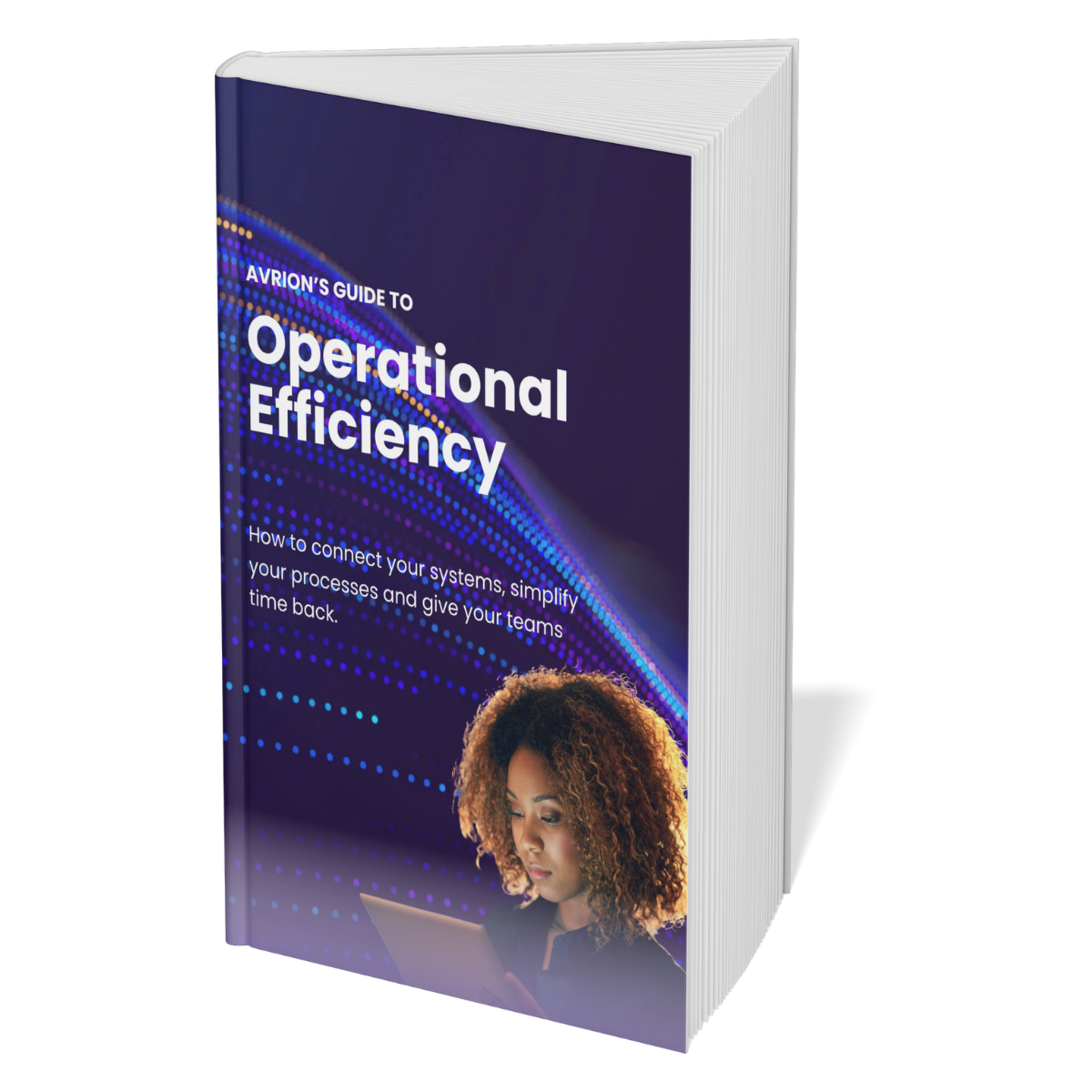 Book cover: 'Operational Efficiency' guide with a woman using a tablet against a purple dotted background.